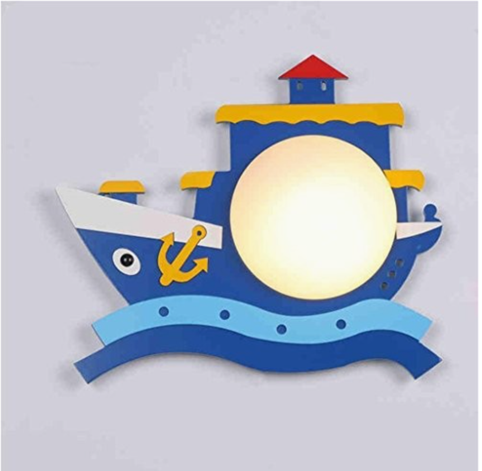 Pirate Ship Wooden Wall Mounted Fixture Kids Pink/Blue LED Wall Sconce Lighting with Round Opal Glass Shade Clearhalo 'Wall Lamps & Sconces' 'Wall Lights' Lighting' ScreenShot_2025-12-25_150004_444