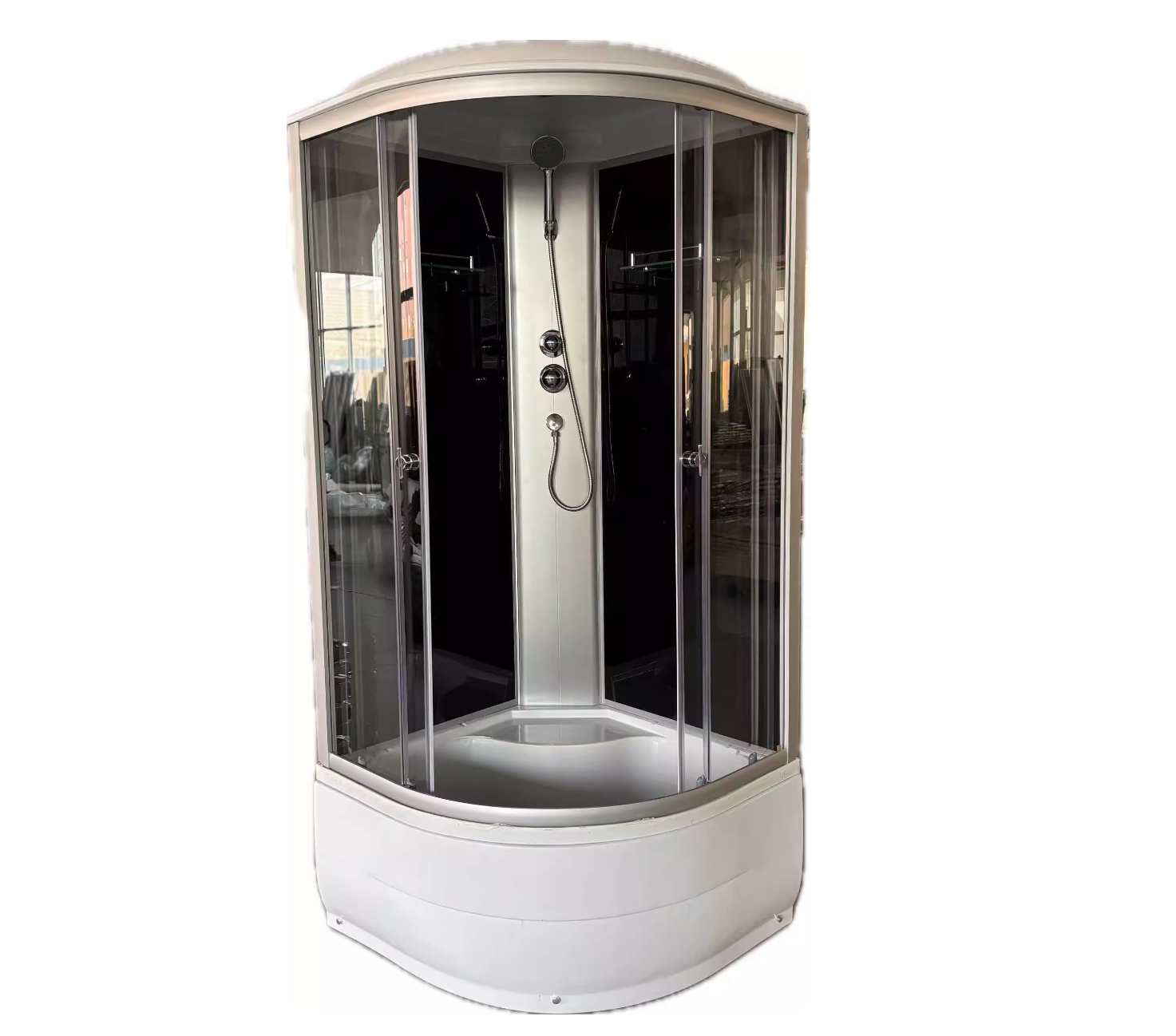 Corner Round Tub & Shower Kit Double Sliding Semi-Frameless Tub & Shower Kit Black Clearhalo 'Bathroom Remodel & Bathroom Fixtures' 'Home Improvement' 'home_improvement' 'home_improvement_shower_stalls_enclosures' 'Shower Stalls & Enclosures' 'shower_stalls_enclosures' 'Showers & Bathtubs' ScreenShot_2026-03-26_154641_884