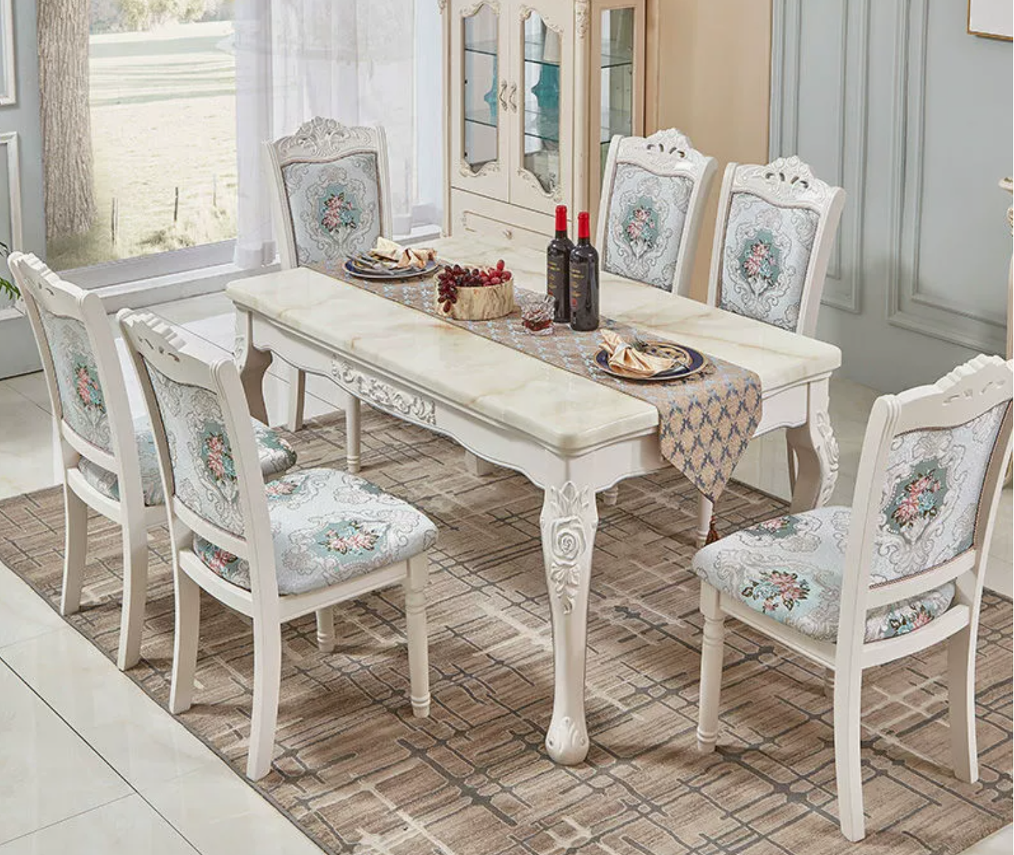 Victorian Style Dining Room Set with Rectangle Table and 4 Legs Base Dining Room Table Set Blue 7 Piece Set Clearhalo 'Dining Room Sets' 'Dining Tables & Seating' 'dining_room_set' 'furn' 'furn_dining_room_set' 'Furniture' 'furniture_dining_room_set' 'Kitchen & Dining Furniture' 'kitchen&dining_furn' 'kitchen' ScreenShot_2026-04-10_094546_399