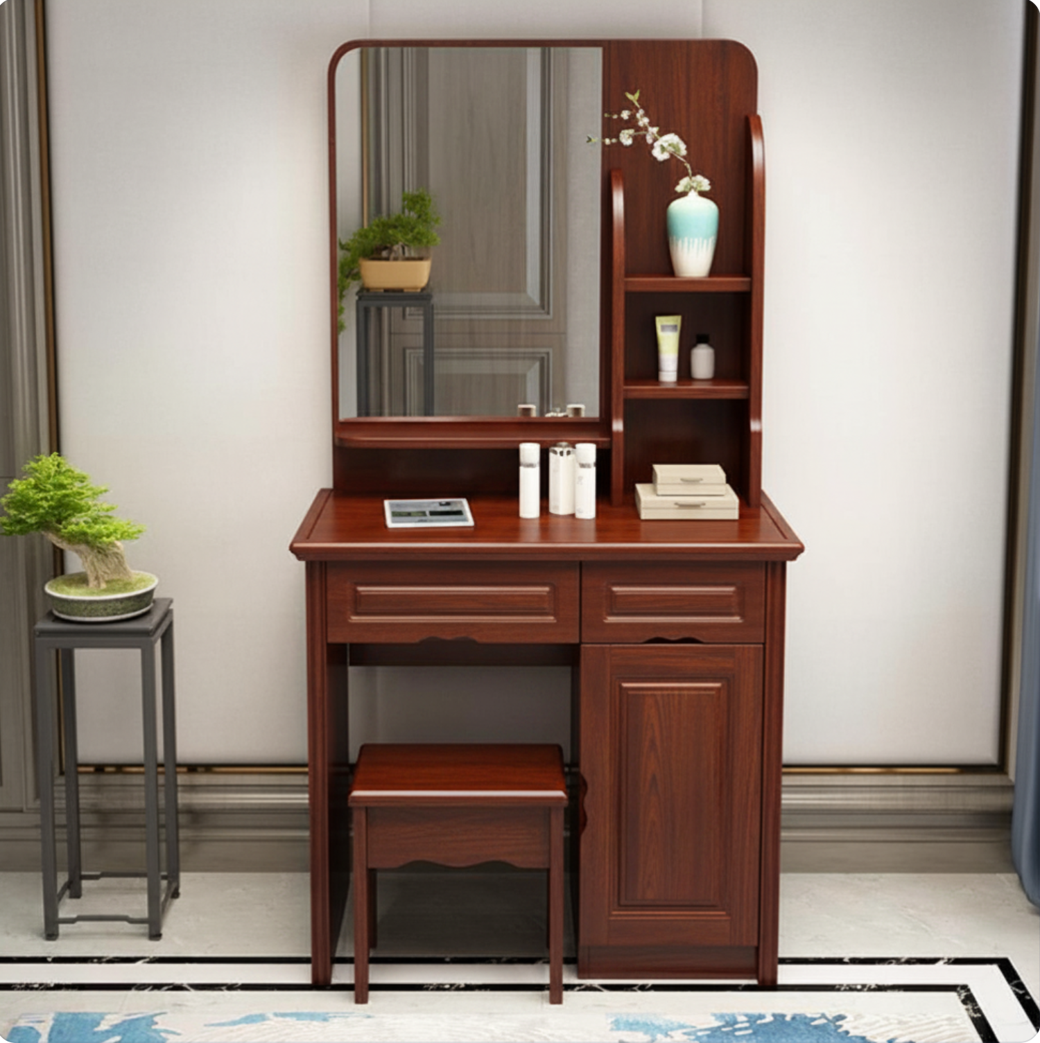 Traditional Make-up Vanity Home Rectangle Dressing Table with Mirror Makeup Vanity & Stools Medium Wood Clearhalo 'Bedroom Furniture' 'furn' 'furn_makeup_vanities' 'Furniture' 'Makeup Vanities' 'makeup_vanities' ScreenShot_2026-06-23_152228_762_02604727-6b63-429e-9969-f017c2f1a6d4