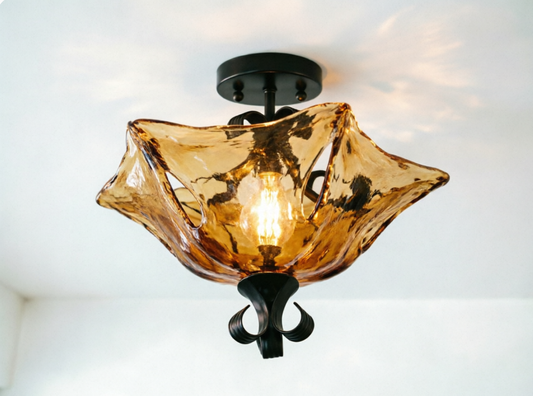 Black Flower Semi Flush Light Traditionalism Amber Glass 3 Lights Living Room Ceiling Lighting Clearhalo 'Ceiling Lights' 'Close To Ceiling Lights' 'Close to ceiling' 'Glass shade' 'Glass' 'Semi-flushmount' Lighting' ScreenShot_2026-06-24_145622_684_1079a46a-dd33-489c-9459-87e56c566a91