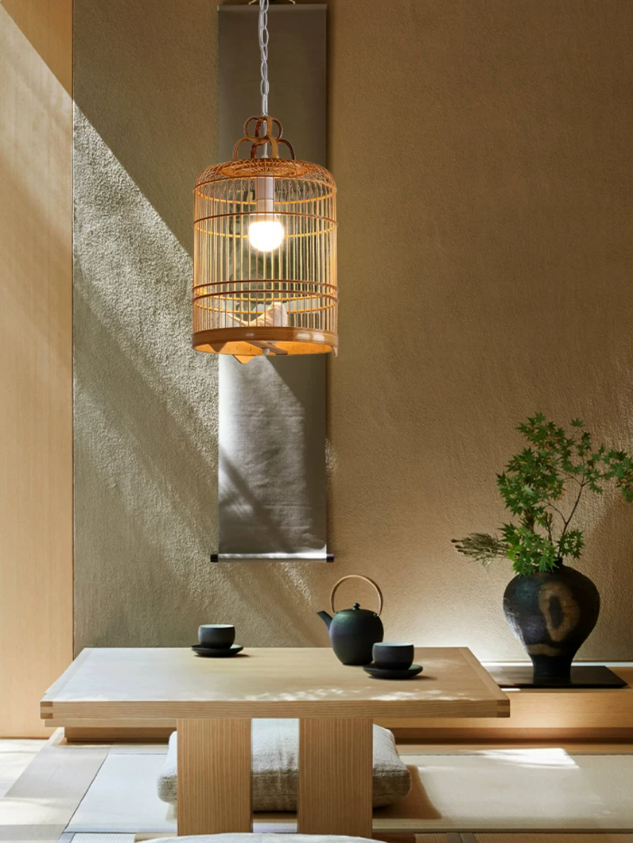 Bamboo Birdcage Shade Pendant Light with Bird Accent Chinese Style 1 Head Beige Hanging Lamp, 8"/10" Width Clearhalo 'Ceiling Lights' 'Pendant Lights' 'Pendants' Lighting' ScreenShot_2026-08-06_162548_101