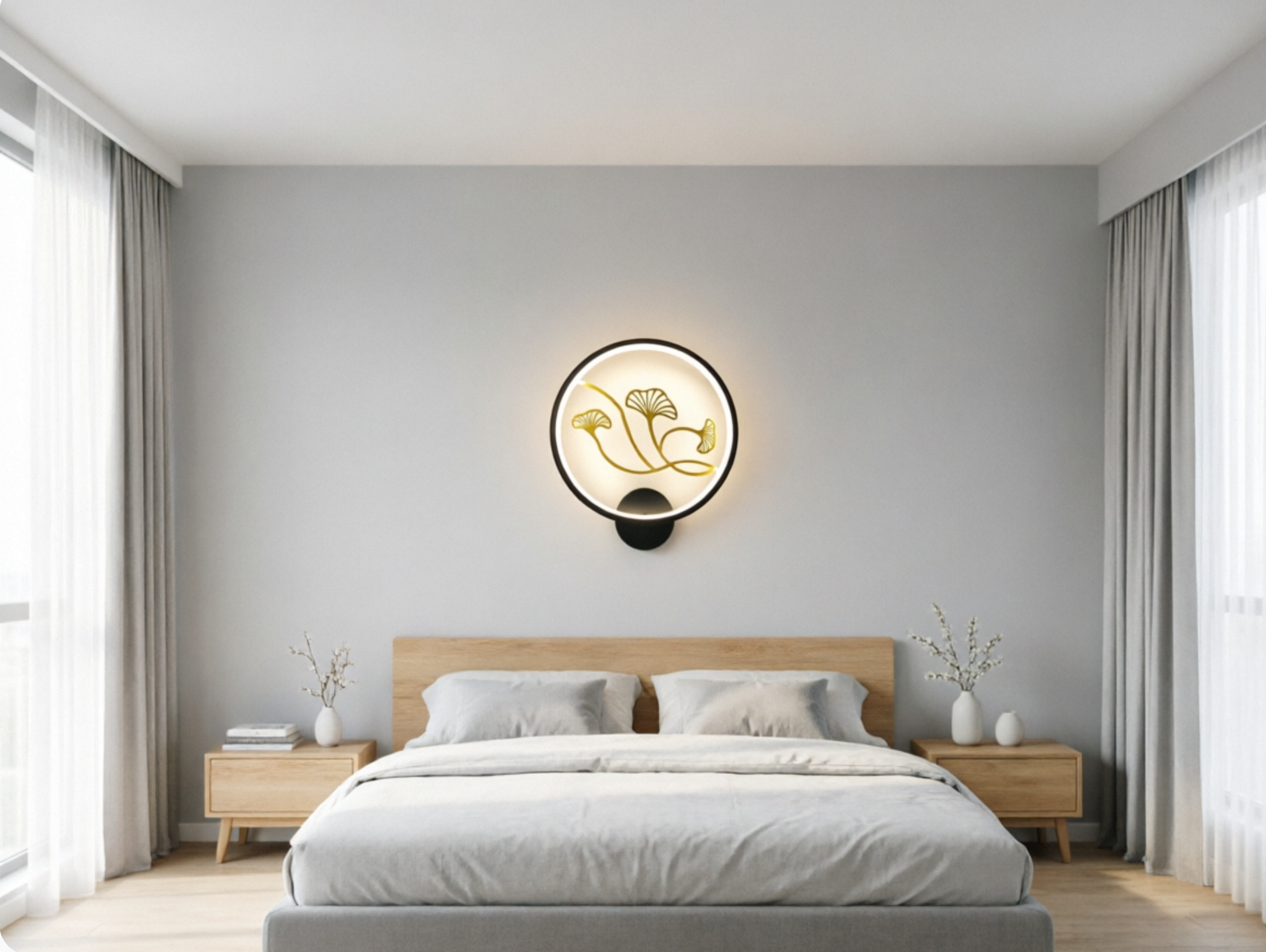 Black/White Circular Ginkgo Mural Light Contemporary LED Metallic Wall Lighting Idea for Living Room, Warm/White Light Clearhalo 'Wall Lamps & Sconces' 'Wall Lights' Lighting' ScreenShot_2026-08-11_170224_916