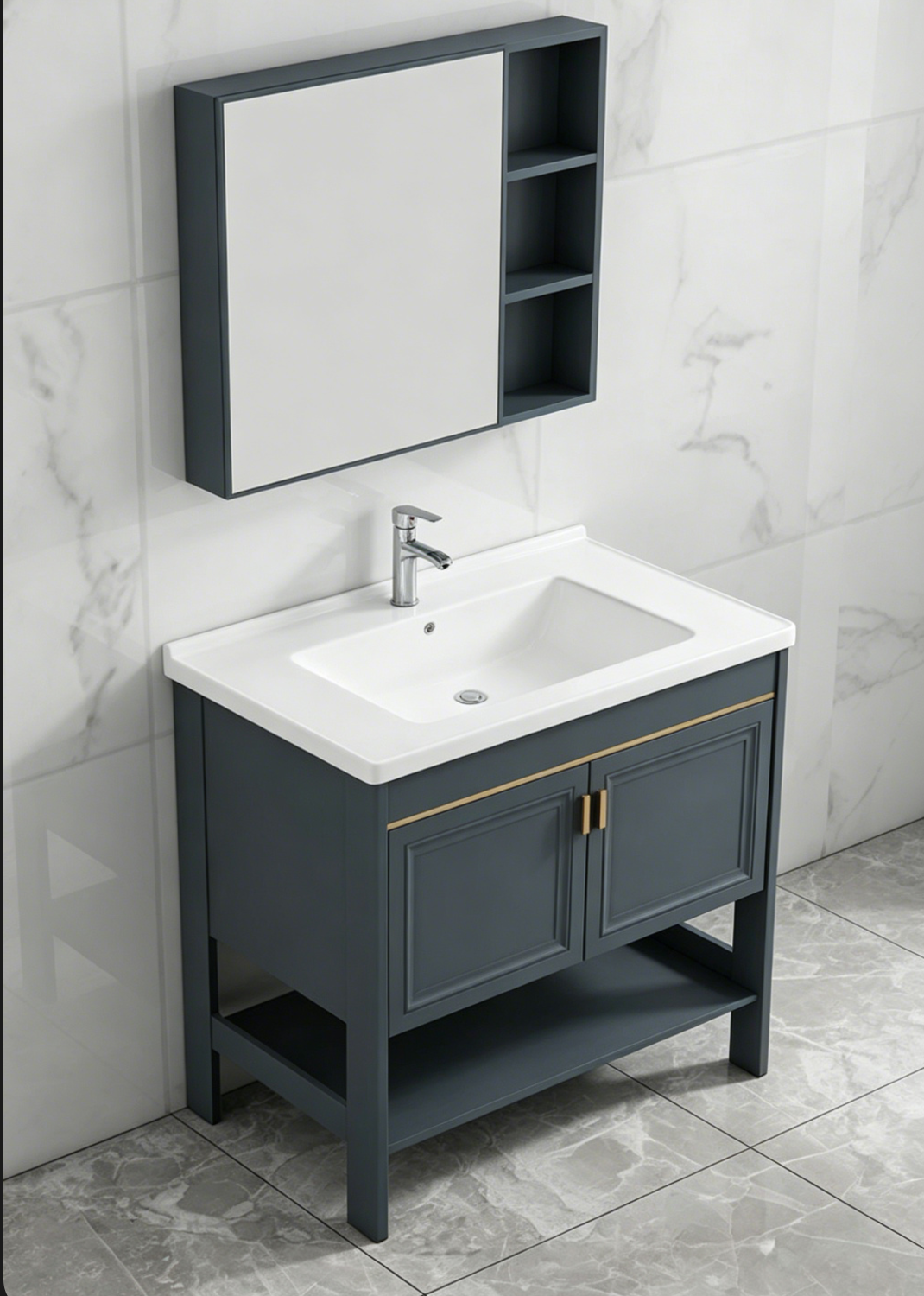 Modern Single Blue Sink Vanity Freestanding Metal Base Bath Vanity Vanity & Faucet & Mirror Cabinet 31.9"L x 18.5"W x 32.7"H Square Mirror Clearhalo 'Bathroom Remodel & Bathroom Fixtures' 'Bathroom Vanities' 'bathroom_vanities' 'Home Improvement' 'home_improvement' 'home_improvement_bathroom_vanities' ScreenShot_2026-08-21_171611_551