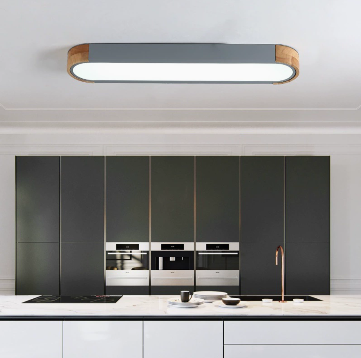 Oblong Corridor Led Surface Mount Ceiling Light Acrylic Minimalist Flush Mount Lamp in Grey and Wood