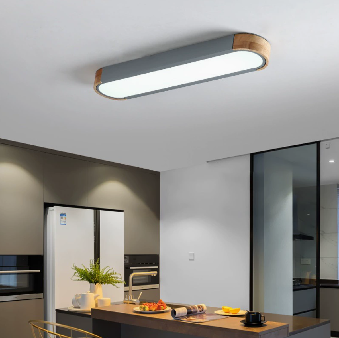 Oblong Corridor Led Surface Mount Ceiling Light Acrylic Minimalist Flush Mount Lamp in Grey and Wood