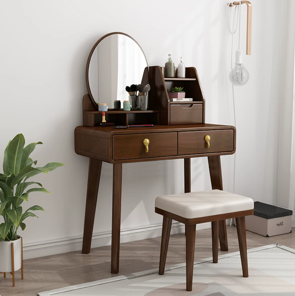 Moderner 15,74" breiter Tisch-Make-up-Waschtisch aus massivem Holz mit Spiegel und Schubladen
