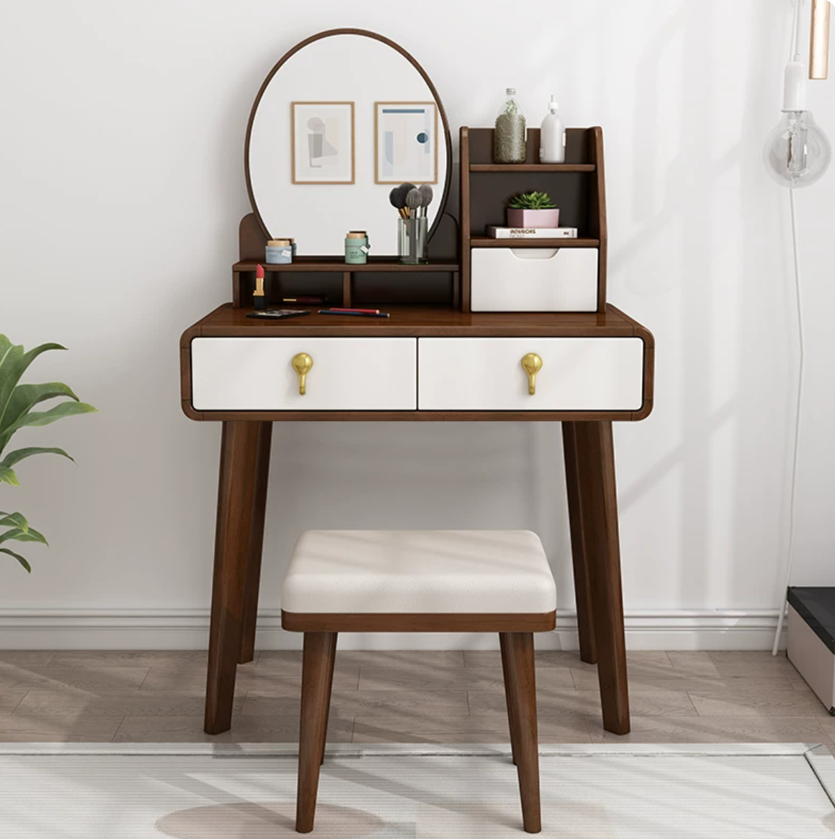 Moderner 15,74" breiter Tisch-Make-up-Waschtisch aus massivem Holz mit Spiegel und Schubladen