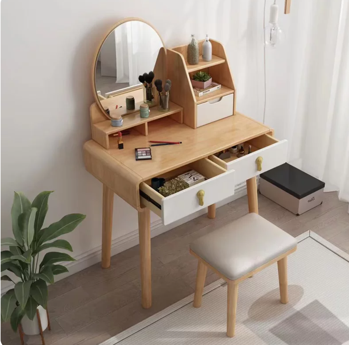 Moderner 15,74" breiter Tisch-Make-up-Waschtisch aus massivem Holz mit Spiegel und Schubladen