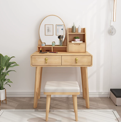 Moderner 15,74" breiter Tisch-Make-up-Waschtisch aus massivem Holz mit Spiegel und Schubladen