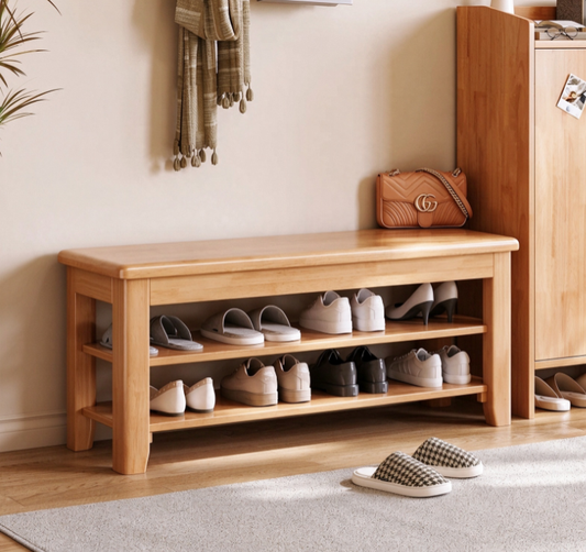 Modern Rubber Wood Bench Rectangle 12"Wide Bench with Shoe Storage Natural Wood