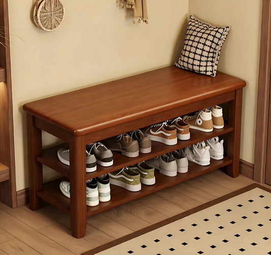 Modern Rubber Wood Bench Rectangle 12"Wide Bench with Shoe Storage Nut-Brown Wood