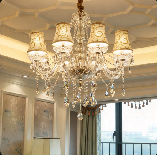 White Floral-Patterned Shade Chandelier Traditional Fabric 8 Heads Dinning Room Pendant with Clear Crystal Droplets