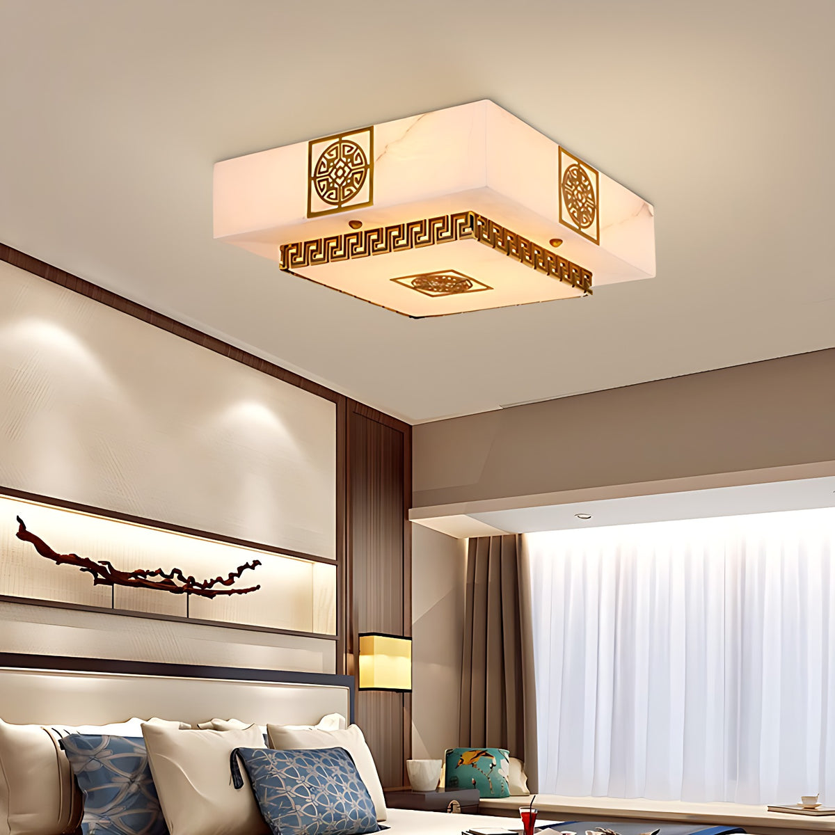 Square Fretwork Alabaster Semi-Flush or Flush Mount Light in Brass, 4 Sizes – lit flush mount on bedroom ceiling above bed