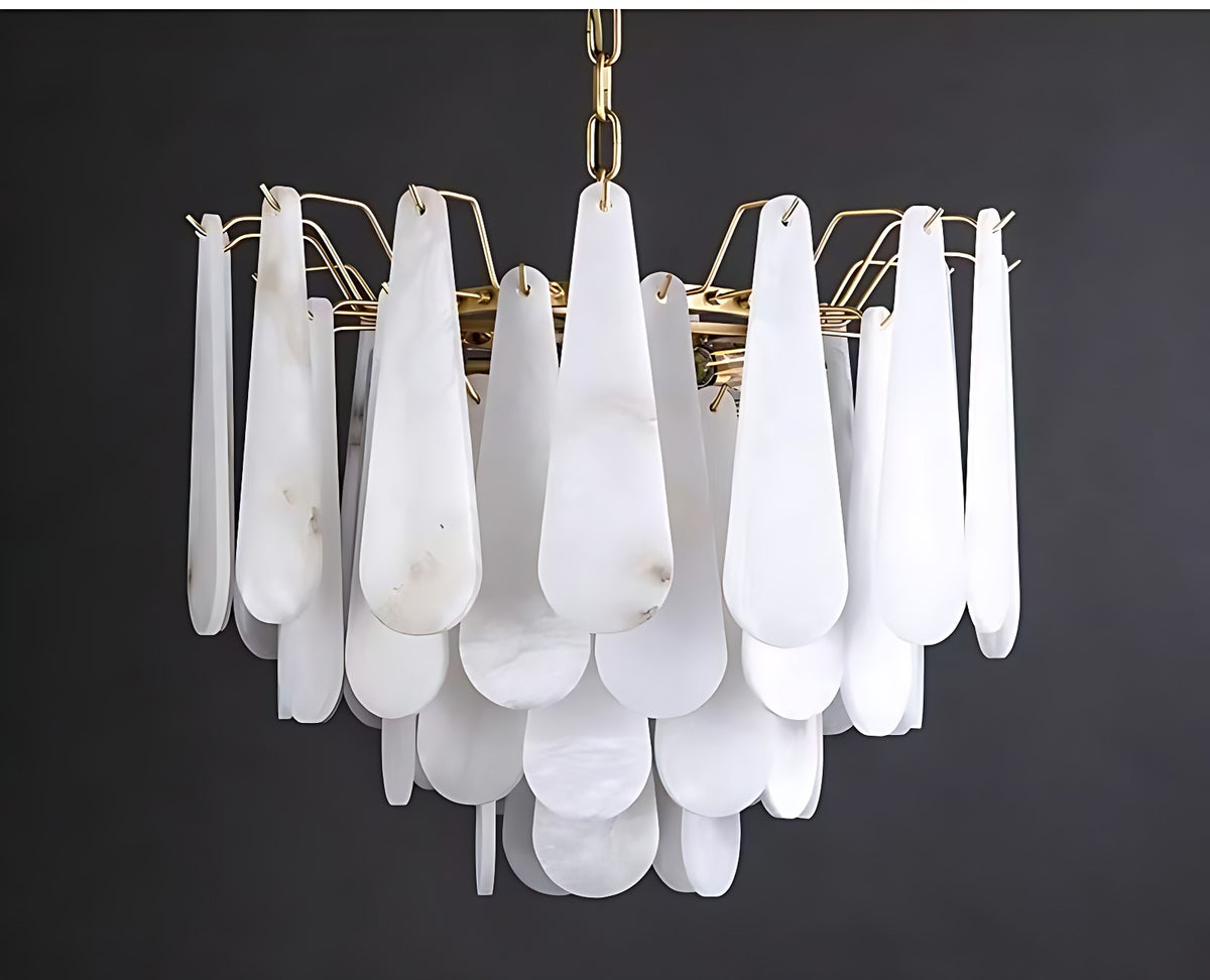 Teardrop Alabaster Petal Tiered Chandelier with Brass Frame – fixture unlit on dark background