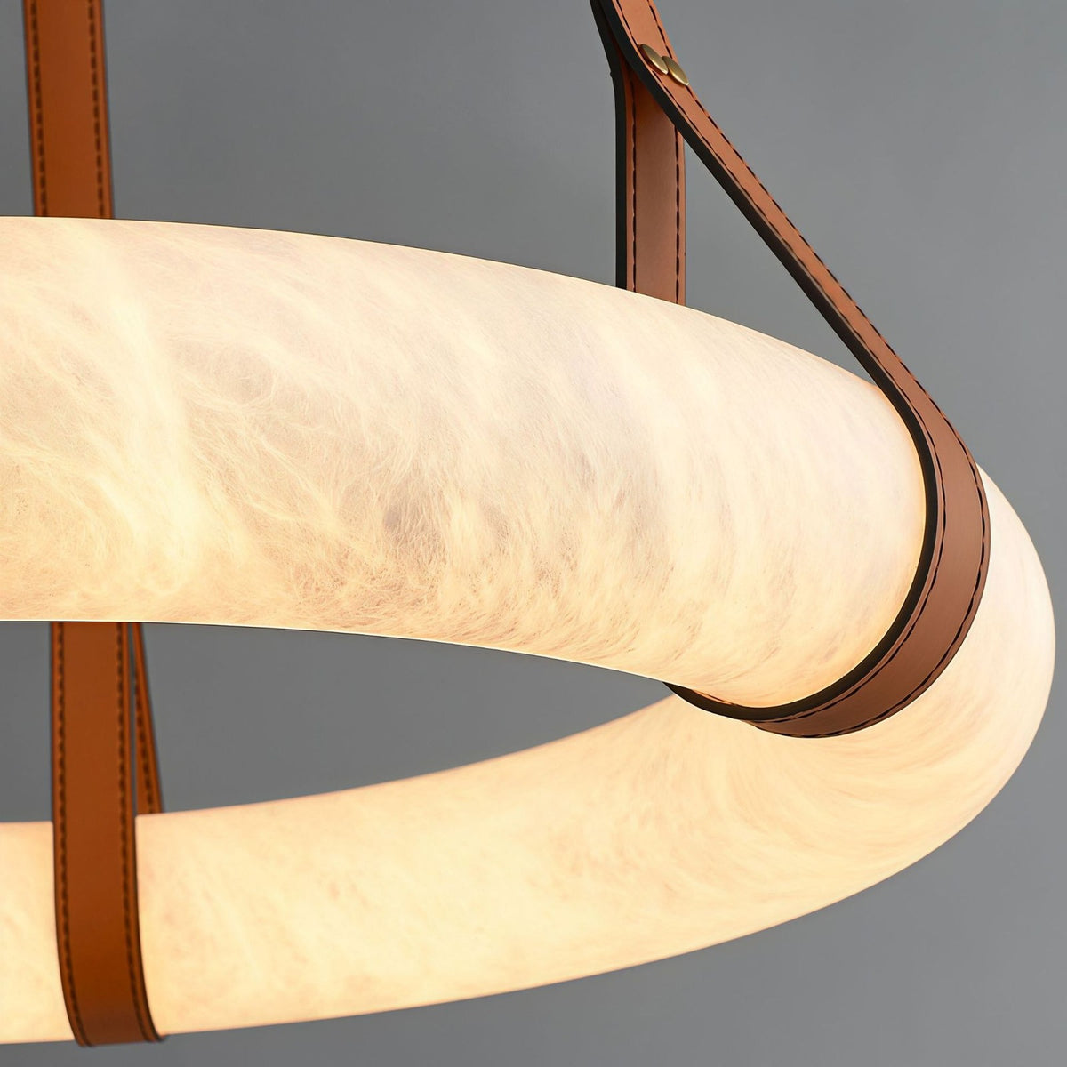 Alabaster Ring Chandelier on Leather Straps with Brass Canopy – lit ring stone grain with stitched leather strap and brass rivets