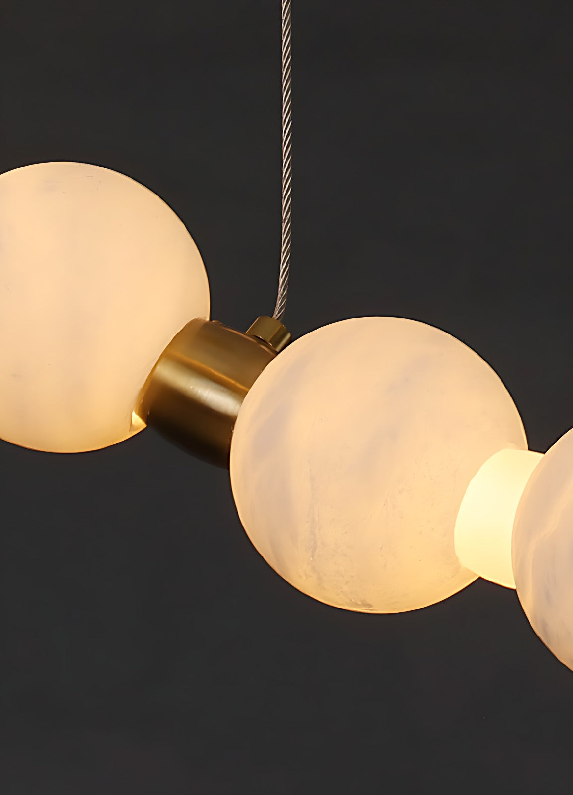 Alabaster Bead Ring Chandelier, Single, Double and Triple Rings – brushed brass joint collar between lit beads, suspension wire clamp