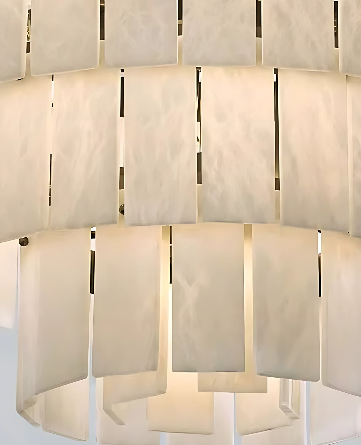 Large Tiered Alabaster Chandelier with Brass Bands for Foyers and Stairwells – layered alabaster slats, grain and translucency