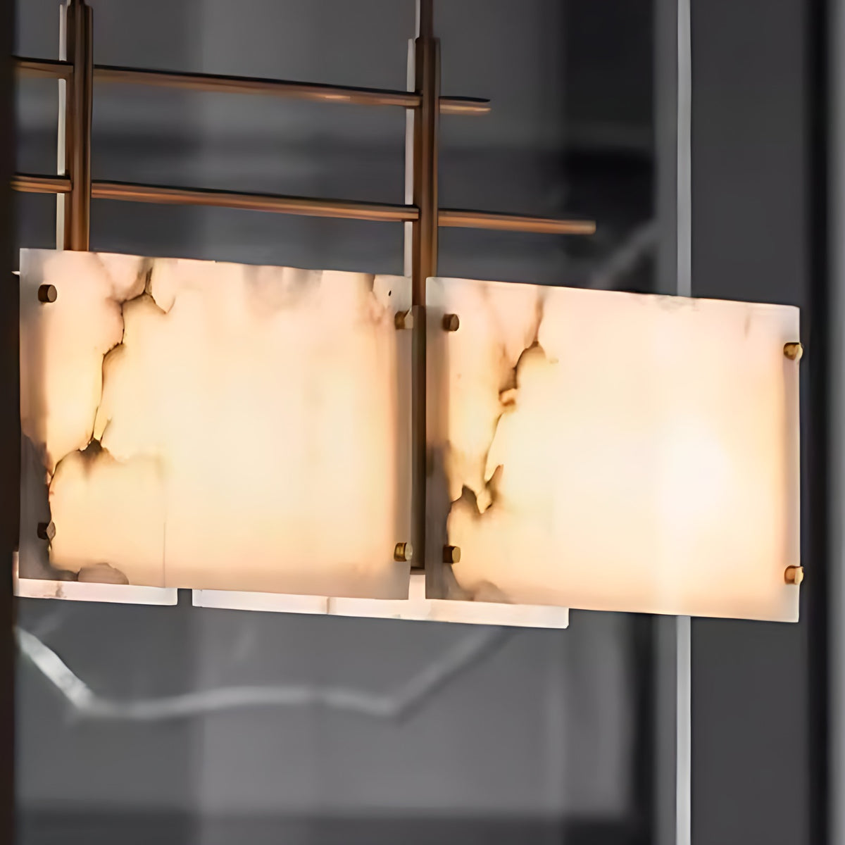 Antique Bronze Linear Pendant Light with Natural Alabaster Panels, 3 Sizes – bronze rods, brackets and studs holding lit stone panels