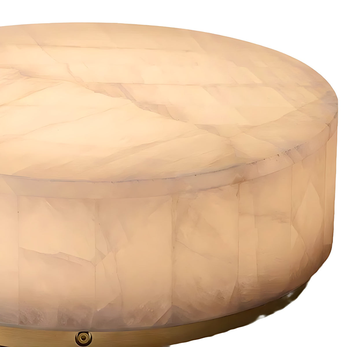 Round Alabaster Drum Flush Mount Ceiling Light with Brass Backplate, 5 Sizes – lit alabaster drum edge, grain and veining with brass rim