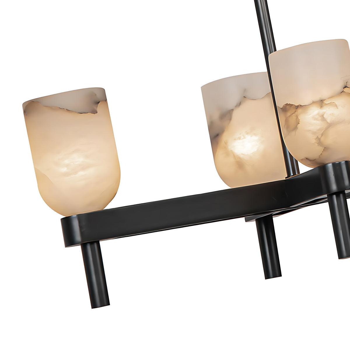 Alabaster Candle-Cup Ring Chandelier in Brass or Black, Round or Linear – veined alabaster cups on black ring, lit