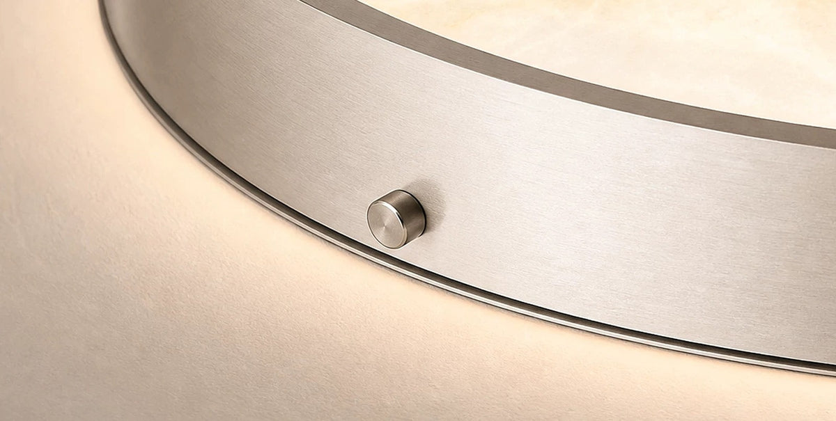 Round Alabaster Flush Mount Light with Brushed Metal Rim, 2 Sizes – brushed rim and side stud, close-up