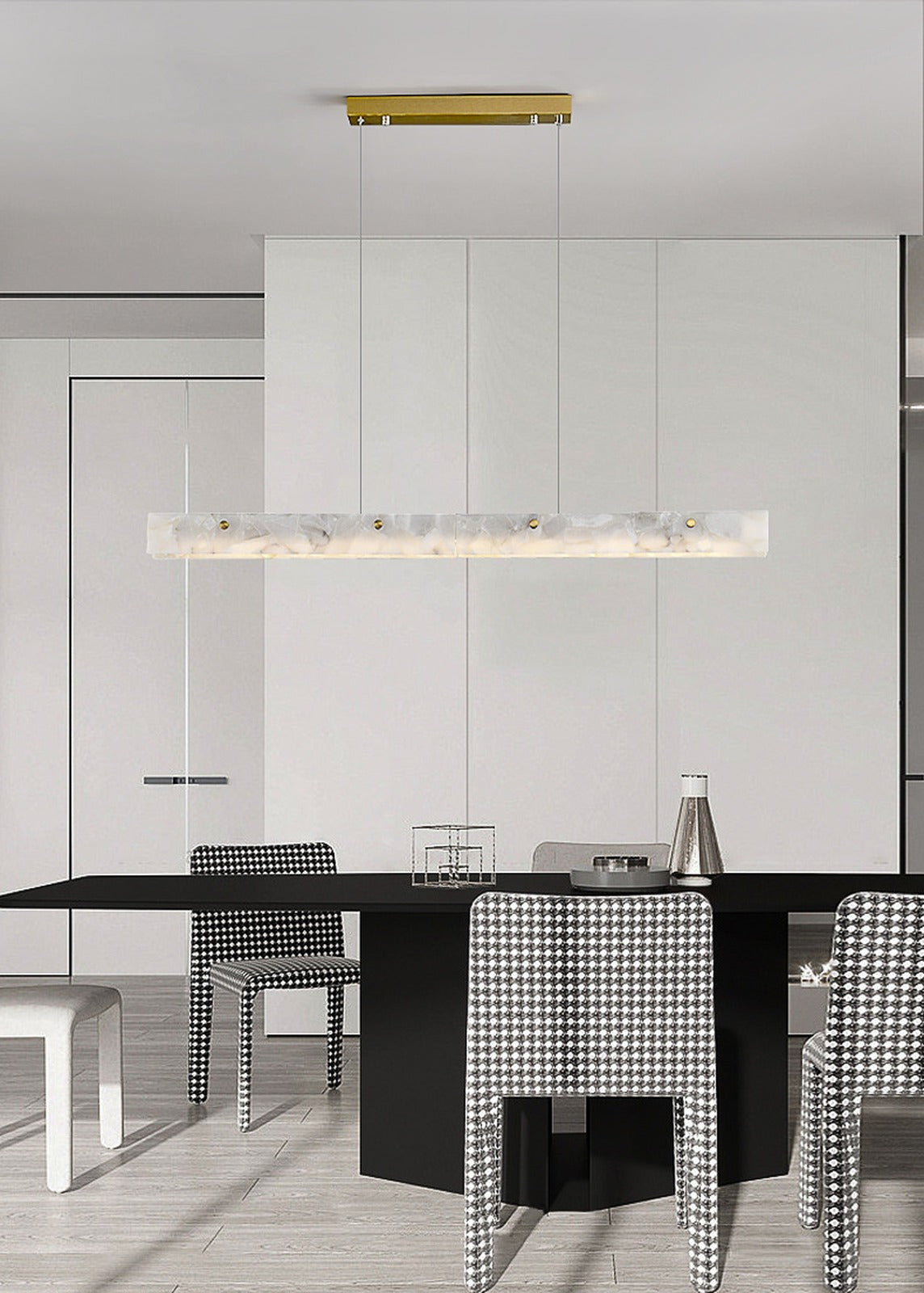 Natural Alabaster Linear Pendant Light with Brass Canopy, 3 Lengths – whole bar with brass canopy in white kitchen-dining room