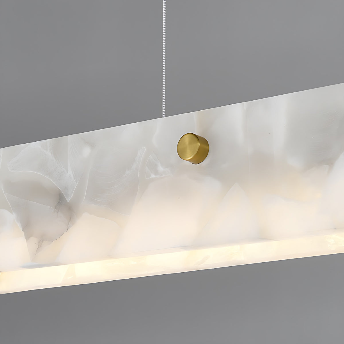 Natural Alabaster Linear Pendant Light with Brass Canopy, 3 Lengths – brushed brass stud on stone bar, lit underside