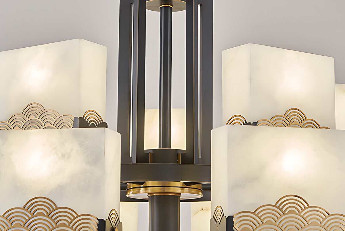 Tiered Alabaster Cube Chandelier, Black and Gold with Shell Inlay – lit alabaster cubes around black centre column