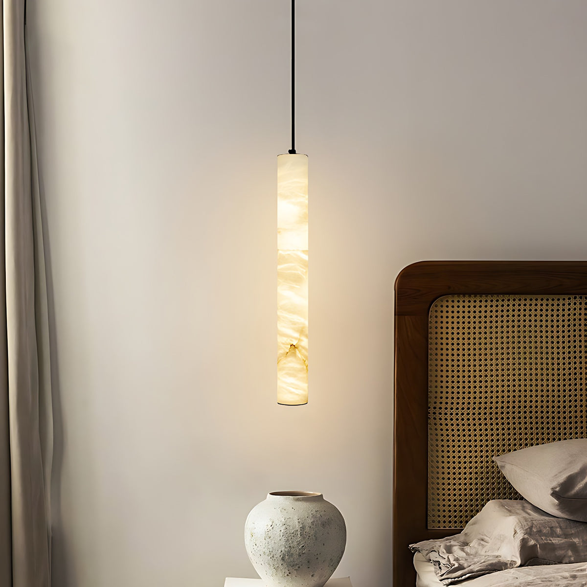 Slim Alabaster Tube Pendant Light with Copper Canopy, Adjustable Cord – tube pendant as bedside light beside headboard and vase