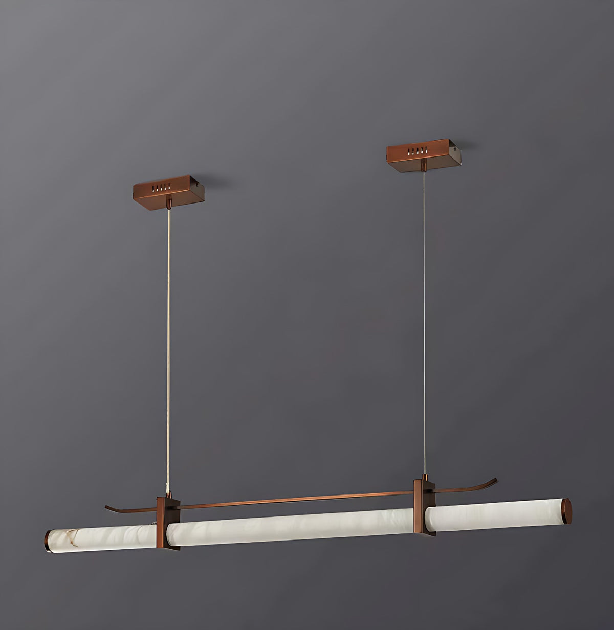 Natural Alabaster Tube Linear Pendant Light with Bronze Brackets, 2 Sizes – unlit tube with both canopies on grey