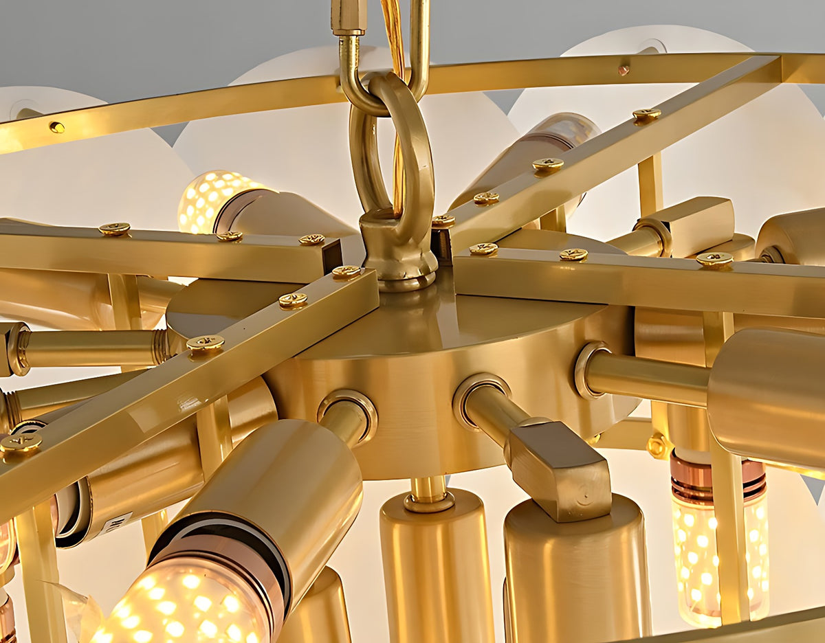 Alabaster Disc Tiered Chandelier with Brass Frame, Round and Linear – solid brass frame hub with E14 lamp holders and bulbs