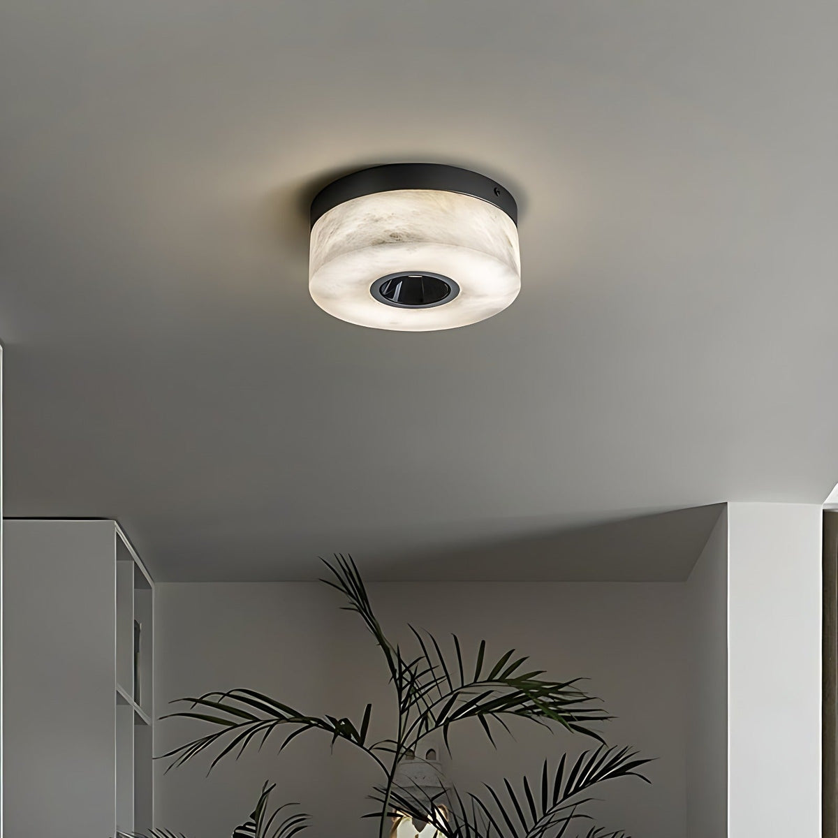 Small Alabaster Drum Flush Mount with Black Metal Rim and Recessed Spot Flush Mount Ceiling Light Clearhalo Alabaster Alabaster Lighting Ceiling Lights Flush mount Lighting clearhalo-b5r-1058289978124-O2_1d418a36-8fe7-4dae-a7b2-51a5d7395126