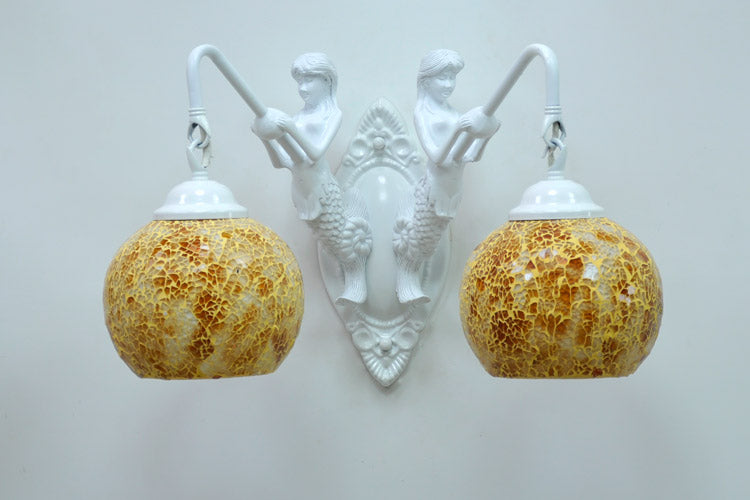 Cut Glass Red/Pink/Yellow Vanity Lamp Globe Shade 2 Lights Mediterranean Sconce Light Fixture for Bathroom Yellow Clearhalo 'Industrial' 'Middle century wall lights' 'Tiffany wall lights' 'Tiffany' 'Wall Lamps & Sconces' 'Wall Lights' Lighting' dc040ea398aa5967193ef7c44502e9a6