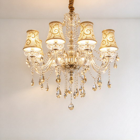 White Floral-Patterned Shade Chandelier Traditional Fabric 8 Heads Dinning Room Pendant with Clear Crystal Droplets