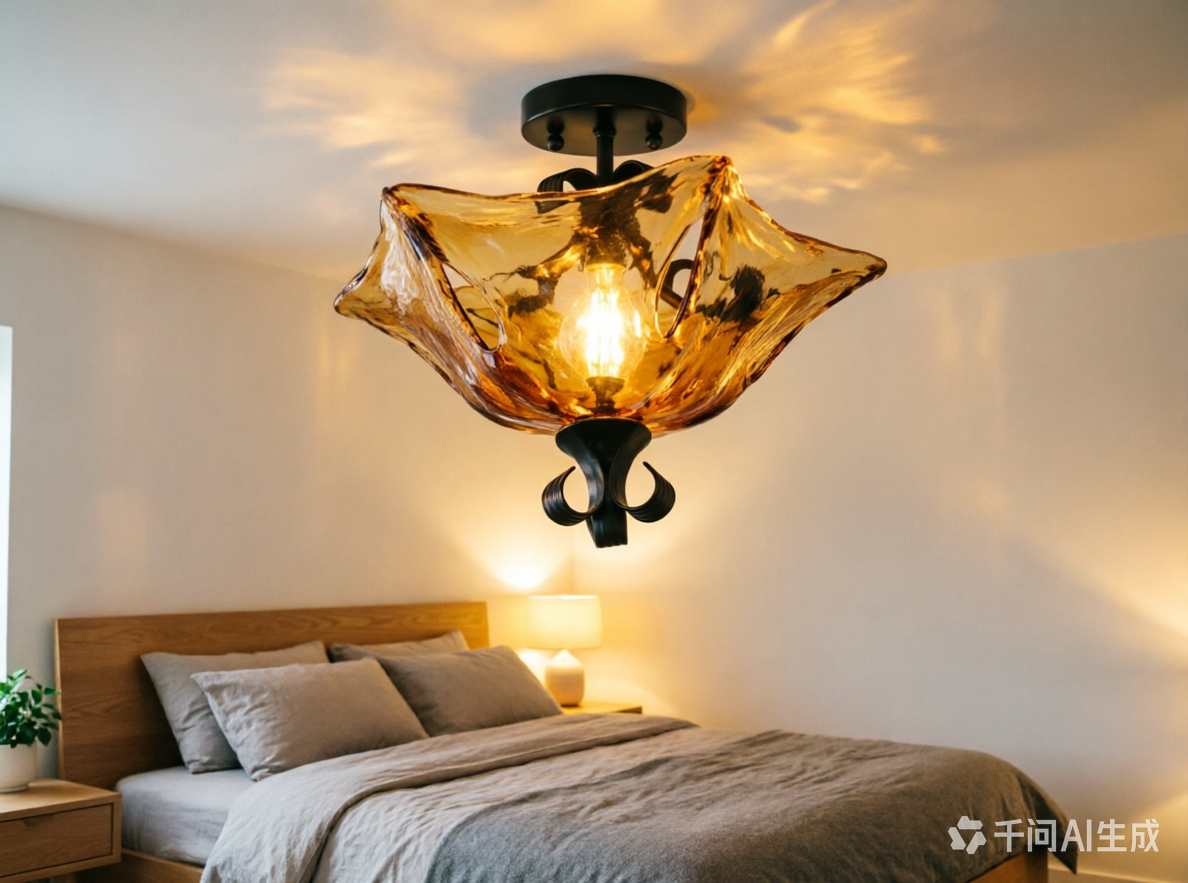 Black Flower Semi Flush Light Traditionalism Amber Glass 3 Lights Living Room Ceiling Lighting Clearhalo 'Ceiling Lights' 'Close To Ceiling Lights' 'Close to ceiling' 'Glass shade' 'Glass' 'Semi-flushmount' Lighting' image_337387820092684