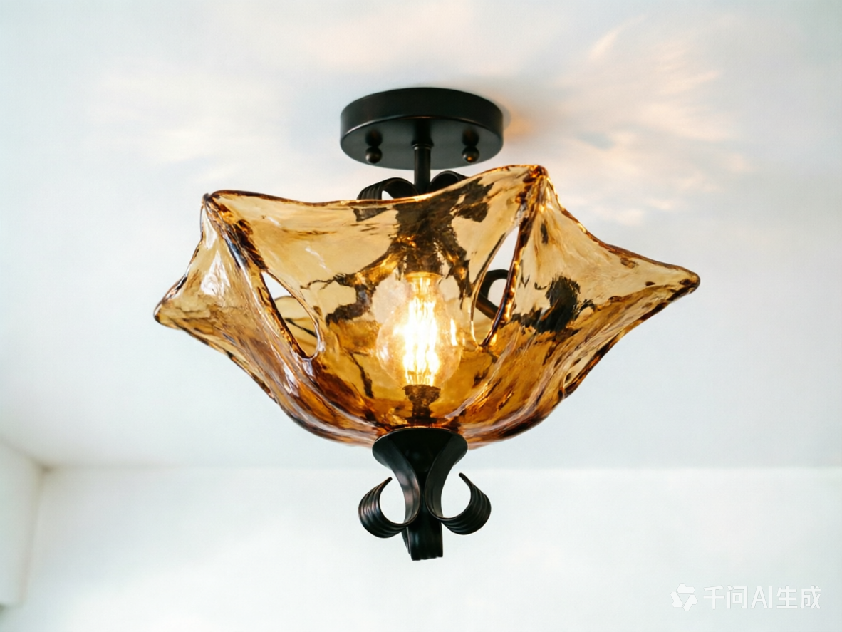 Black Flower Semi Flush Light Traditionalism Amber Glass 3 Lights Living Room Ceiling Lighting Clearhalo 'Ceiling Lights' 'Close To Ceiling Lights' 'Close to ceiling' 'Glass shade' 'Glass' 'Semi-flushmount' Lighting' image_415123622830666