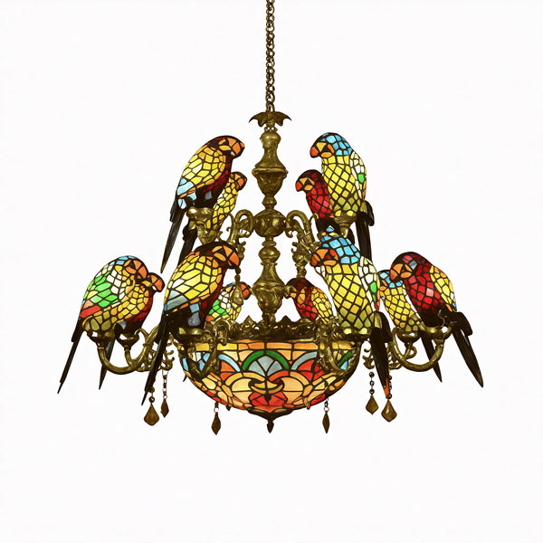 Suspension perroquet à 12 bras, lustre rustique en vitrail avec bol central en jaune