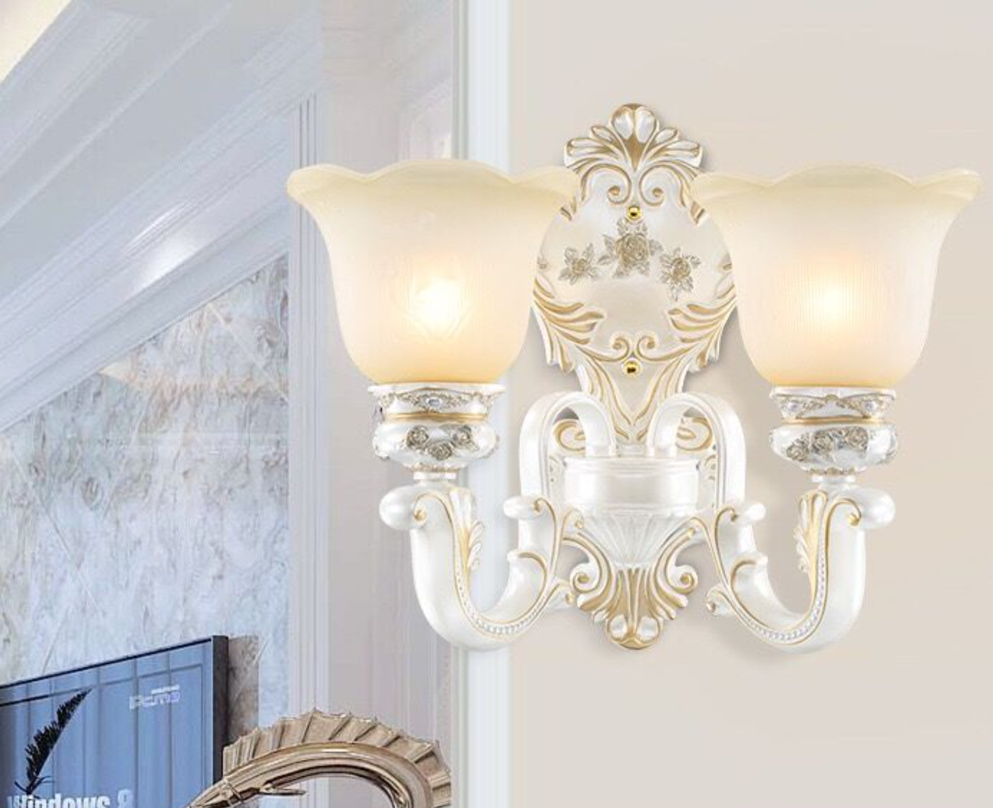 White-Gold Floral Wall Lamp Kit Retro Style Frosted Glass 1/2-Head Living Room Sconce Light 2.0 White-Gold Clearhalo 'Wall Lamps & Sconces' 'Wall Lights' Lighting' wechat_2025-09-19_163908_899