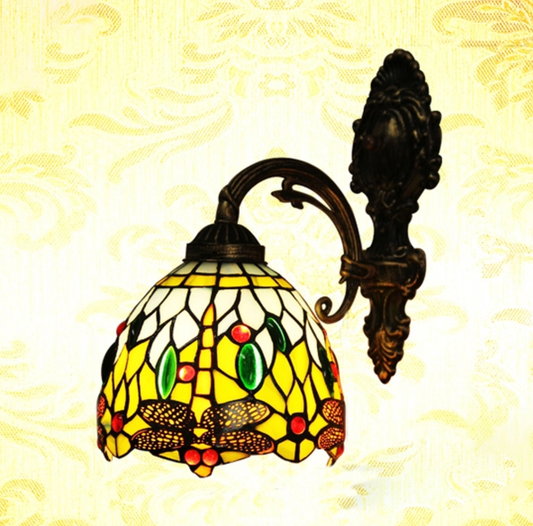 Stained Art Glass Bronze Sconce Domed 1 Head Tiffany Style Wall Mount Light Fixture with Dragonfly Pattern Bronze Clearhalo 'Art deco wall lights' 'Cast Iron' 'Glass' 'Industrial' 'Middle century wall lights' 'Modern' 'Tiffany wall lights' 'Tiffany' 'Traditional wall lights' 'Wall Lamps & Sconces' 'Wall Lights' Lighting' wechat_2025-11-06_143007_494_0663ff48-1d1e-4ae1-b8f7-40e4f5828142