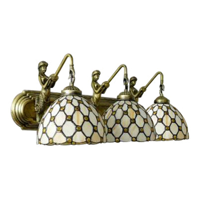 Dome Beige Glass Wall Light Fixture Tiffany 3 Heads Brass Sconce Lighting with Mermaid Backplate Clearhalo 'Industrial' 'Middle century wall lights' 'Tiffany wall lights' 'Tiffany' 'Wall Lamps & Sconces' 'Wall Lights' Lighting' 100001