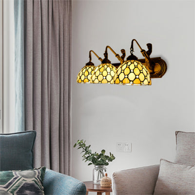 Dome Beige Glass Wall Light Fixture Tiffany 3 Heads Brass Sconce Lighting with Mermaid Backplate Beige Clearhalo 'Industrial' 'Middle century wall lights' 'Tiffany wall lights' 'Tiffany' 'Wall Lamps & Sconces' 'Wall Lights' Lighting' 100002