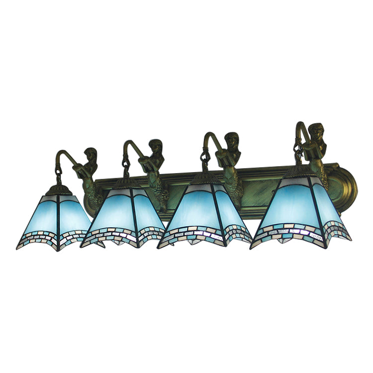Trapezoid Wall Mount Light 4 Heads Dark Blue/Light Blue Glass Tiffany Sconce Light Fixture Light Blue Clearhalo 'Industrial' 'Middle century wall lights' 'Tiffany wall lights' 'Tiffany' 'Wall Lamps & Sconces' 'Wall Lights' Lighting' 100014