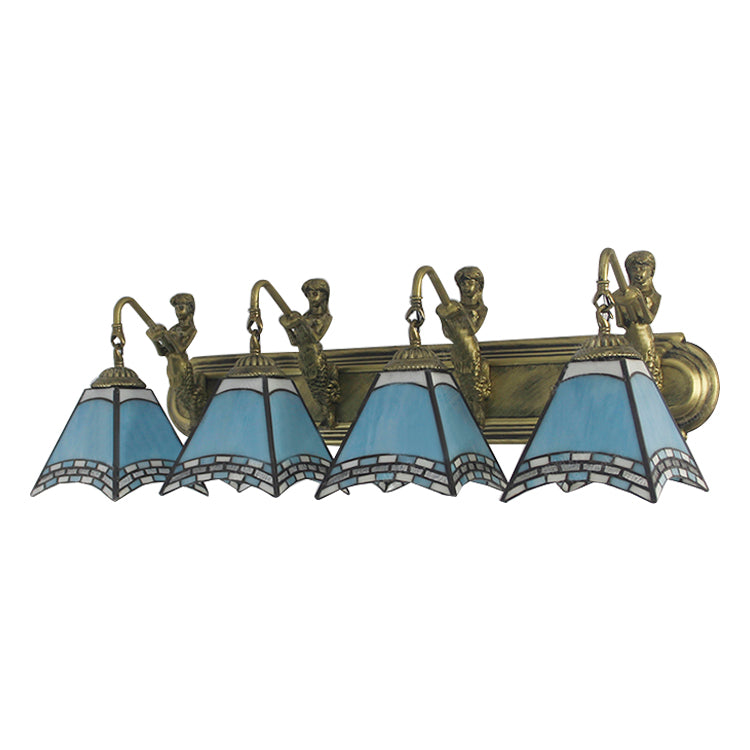 Trapezoid Wall Mount Light 4 Heads Dark Blue/Light Blue Glass Tiffany Sconce Light Fixture Clearhalo 'Industrial' 'Middle century wall lights' 'Tiffany wall lights' 'Tiffany' 'Wall Lamps & Sconces' 'Wall Lights' Lighting' 100015