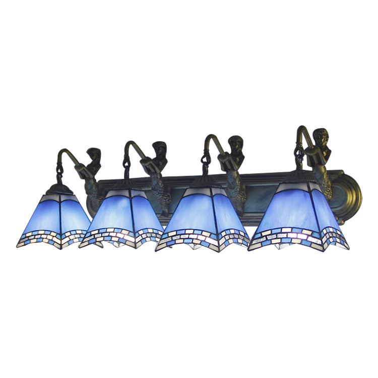 Trapezoid Wall Mount Light 4 Heads Dark Blue/Light Blue Glass Tiffany Sconce Light Fixture Clearhalo 'Industrial' 'Middle century wall lights' 'Tiffany wall lights' 'Tiffany' 'Wall Lamps & Sconces' 'Wall Lights' Lighting' 100016