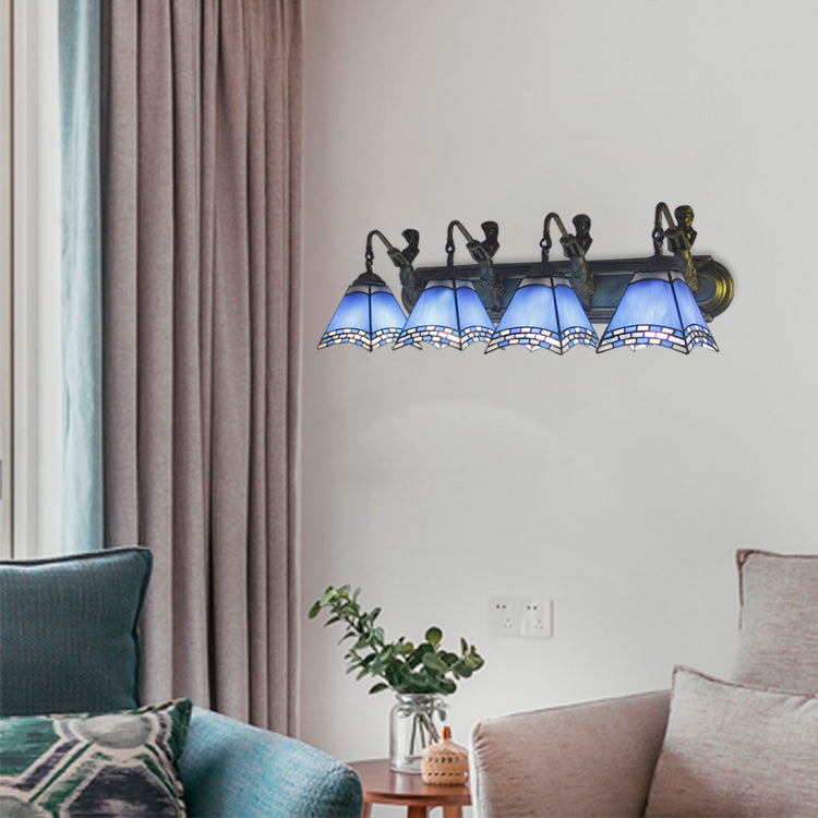 Trapezoid Wall Mount Light 4 Heads Dark Blue/Light Blue Glass Tiffany Sconce Light Fixture Dark Blue Clearhalo 'Industrial' 'Middle century wall lights' 'Tiffany wall lights' 'Tiffany' 'Wall Lamps & Sconces' 'Wall Lights' Lighting' 100018