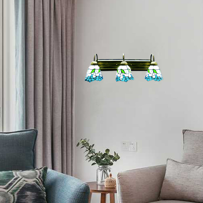 Flower Blue-White Glass Sconce Lighting Tiffany 3 Heads Bronze Wall Mounted Light Blue Clearhalo 'Industrial' 'Middle century wall lights' 'Tiffany wall lights' 'Tiffany' 'Wall Lamps & Sconces' 'Wall Lights' Lighting' 100021