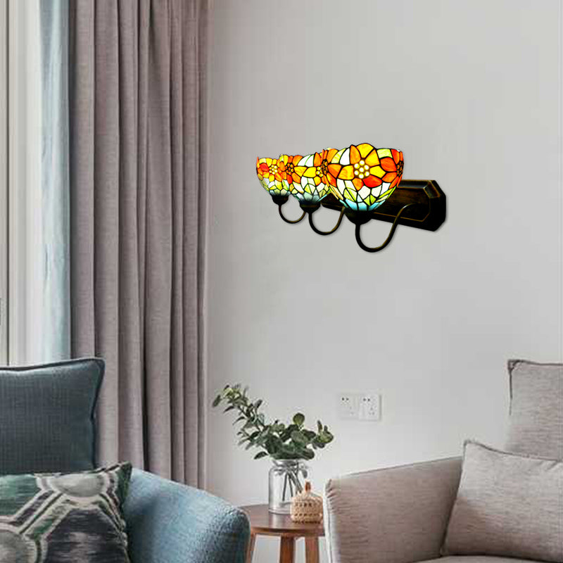 3 Heads Bowl Wall Mount Light Victorian Orange Glass Sconce Light with Flower Pattern Orange Clearhalo 'Industrial' 'Middle century wall lights' 'Tiffany wall lights' 'Tiffany' 'Wall Lamps & Sconces' 'Wall Lights' Lighting' 100027