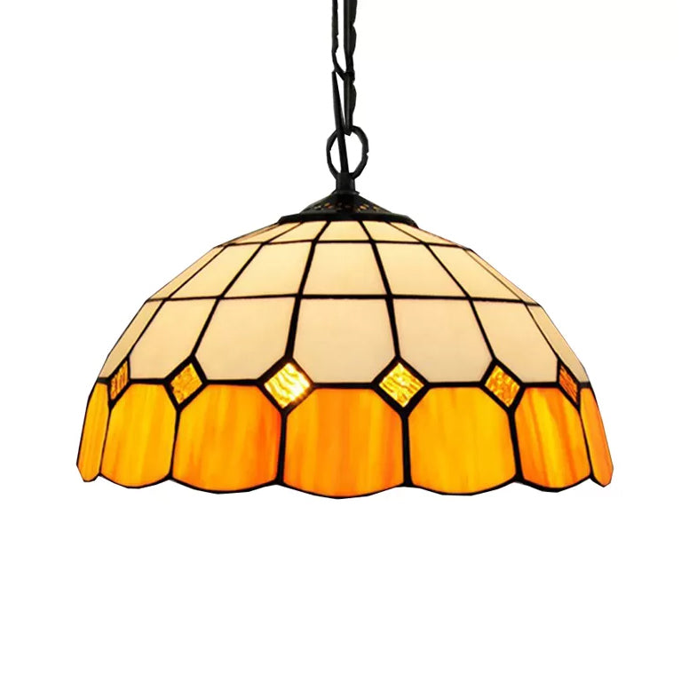 Beige/Orange/Blue Dome Hanging Pendant Light Tiffany 1 Bulb Stained Art Glass Ceiling Hang Fixture for Living Room, 8"/12"/16" W Clearhalo 'Ceiling Lights' 'Industrial' 'Middle Century Pendants' 'Pendant Lights' 'Pendants' 'Tiffany close to ceiling' 'Tiffany Pendants' 'Tiffany' Lighting' 10003