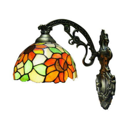 Loft Sunflower Wall Sconce Light Stained Glass 1 Light Wall Mount Light in Antique Bronze for Bedroom Clearhalo 'Industrial' 'Middle century wall lights' 'Tiffany wall lights' 'Tiffany' 'Wall Lamps & Sconces' 'Wall Lights' Lighting' 100037